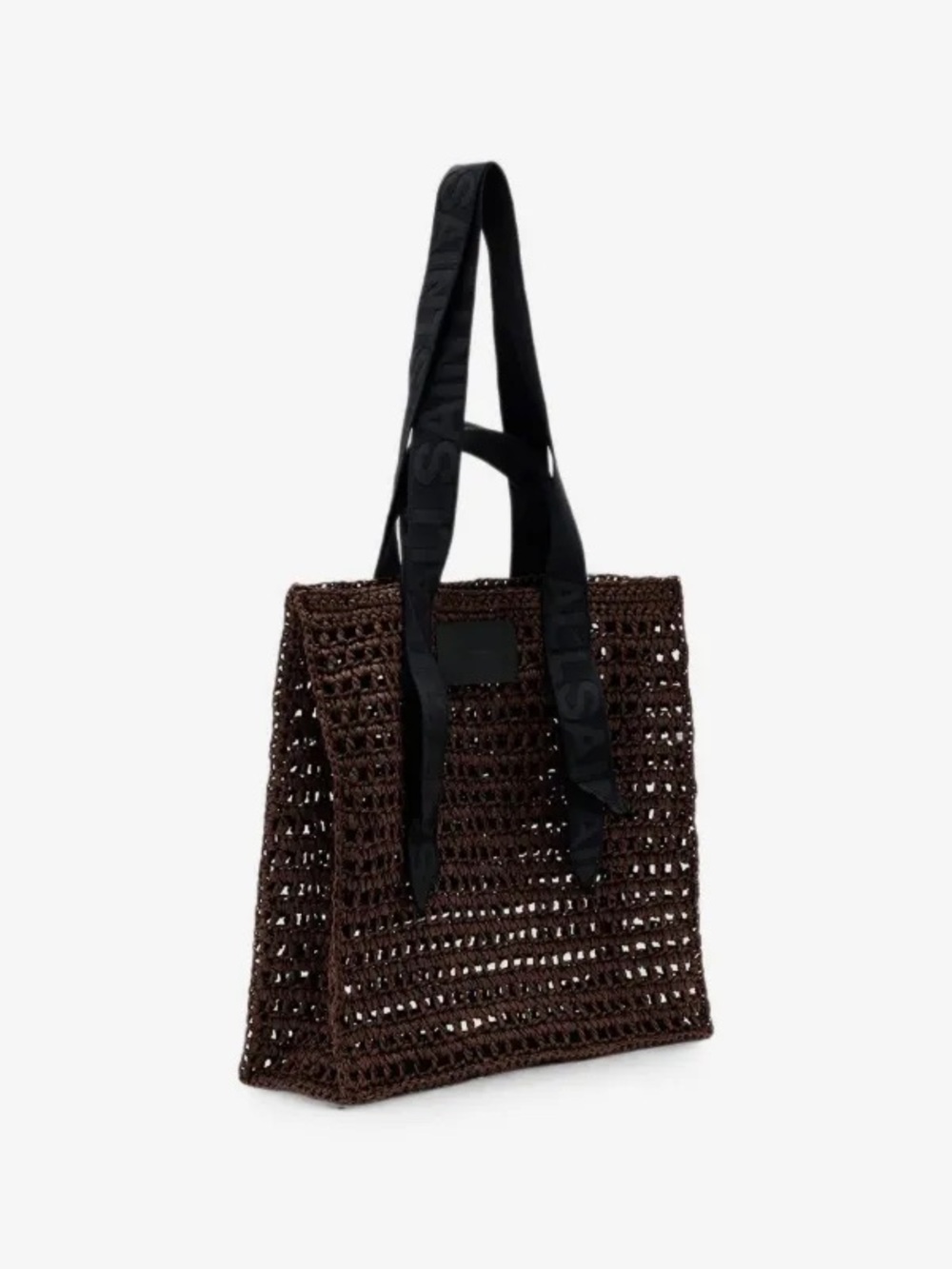 All Saints Woven Crochet Tote Bag with Ribbon Handles - Brown - Picture 3 of 5